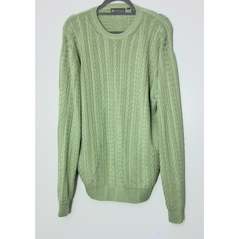 Hickey Freeman Sweater Men's Size L Green Silk Blend Crew‎ Neck Fisherman Knit